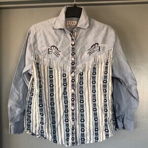 Vintage Juke Box Sz S Women's Western Fringed Embroidered Blue Floral Button Top